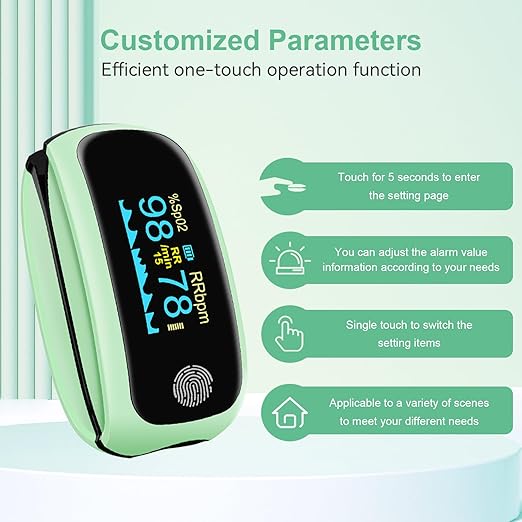 Pulse Oximeter, Rechargeable Fingertip Pulse Oximeter, pulse oximeter with respiration, respiration rate monitor, oximeter finger with pulse ox for Sports Aviation Use Only green