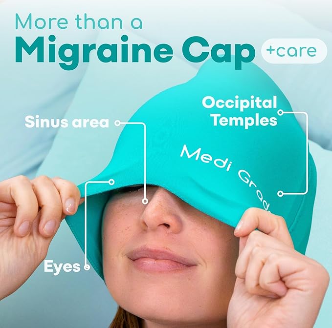 Medi Grade Migraine Relief Cap - Cooling Compression Headache Relief Cap with Full Coverage - Soft Flexible Fabric Gel Migraine Cap that Blocks Light, Reusable Migraine Mask for Cold Therapy