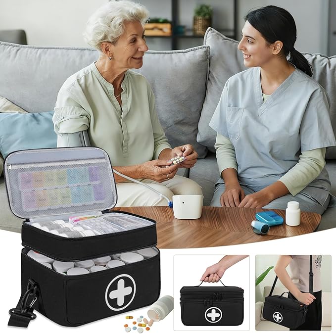 Medicine Organizer Bag, 2 Layer Pill Bottle Organizer Storage Bag Empty, Lockable Medicine Travel Bag with Adjustable Divider, Suitable for Pills, Vitamins, Fish Oil,Medical Supplies