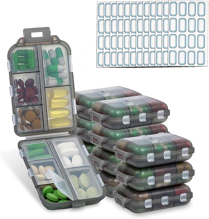 INVODA 12PCS 10-Compartment Pill Organizer BPA-Free Travel Pill Case with Daily Labels Portable Medicine Box for Vitamins, Supplements & Jewelry