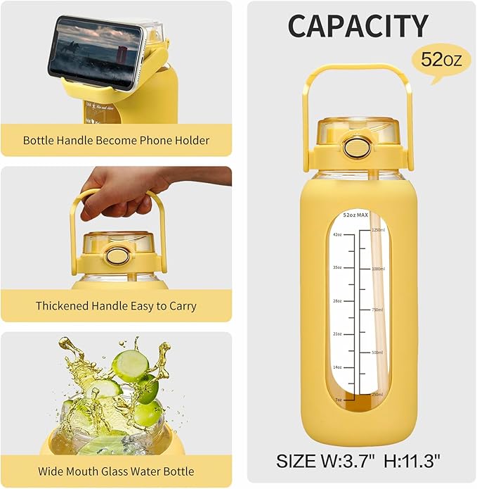 42oz/52oz/64oz Glass Water Bolttles with Straw Half Gallon Large Motivational Water Bottle with Time Marker Sports Water Bottles with Silicone Sleeve and Handle Lid Water Jug for Gym Workout