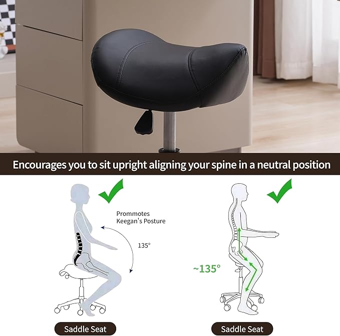 Saddle Stool, Swivel Saddle Stools with Wheels, Adjustable Rolling Stool 18"-26", Faux Leather Rolling Saddle Stool for Salon, Massage, Clinic, Lab, Office (Black, 1PCS (18"-26"))