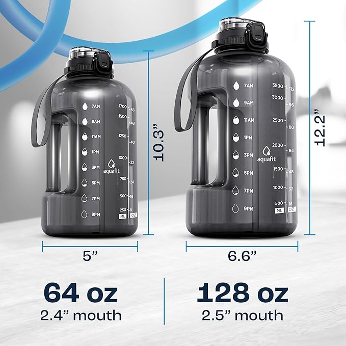 AQUAFIT Half Gallon Water Bottle with Time Marker - Straw & Chug Lid - BPA Free Gym Water Bottle with Straw - Big Gallon Jug (Midnight Gray, 64 oz - 2in1 Lid)