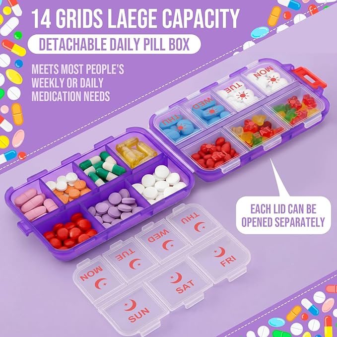 4 Pack 14 Grids Travel Pill Organizer with Printed Labels 2 Times a Day Pill Organizer Foldable Travel Medicine Kit Am Pm Weekly Medicine Box for Vitamin Fish Oil Supplement Storage