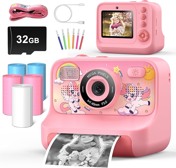 Instant Print Camera for Kids Age 3-12 Girls Boys 1080P HD Digital Video Cameras with 5 Print Paper & 32G Card Toddler Portable Travel Toys Camera for Christmas Birthday Gifts