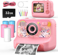Instant Print Camera for Kids Age 3-12 Girls Boys 1080P HD Digital Video Cameras with 5 Print Paper & 32G Card Toddler Portable Travel Toys Camera for Christmas Birthday Gifts