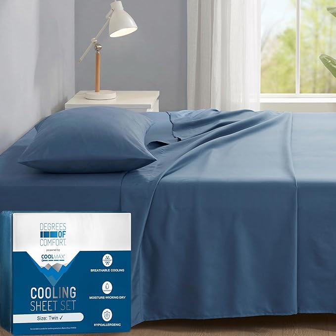Degrees of Comfort Coolmax® Cooling Bed Sheets Twin Size for Hot Sleepers, Moisture Wicking Sheet Set for Night Sweats, Deep Pocket, Ultra Soft, Cozy for All Seasons, Teal 3 Pieces