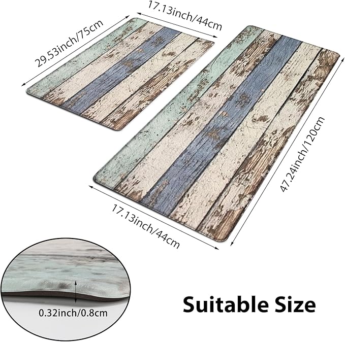 2 PCE Kitchen Mats 47x17.3 inch and 29x17.3 inch, Rustic Woodgrain Design Non-Slip Cushioned Waterproof Anti-Fatigue Rugs for Kitchen Sink Laundry Room