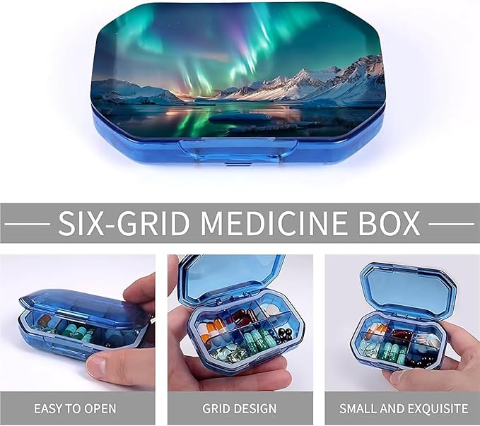 This Portable Northern Lights Pattern 6-Compartment Pillbox Can Be Placed in A Pocket Or Wallet to Store Vitamins, Medicines Fish Oil Health Supplements Other Medications.