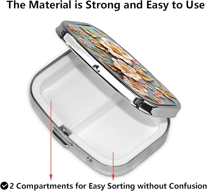 ABLESKY Pill Box, 2 Compartment Pill Organizer Case for Pocket or Purse, Small Portable Metal Travel Medicine Box with Mirror, Daily Vitamins Fish Oil Container-White Elegant Flowers Floral
