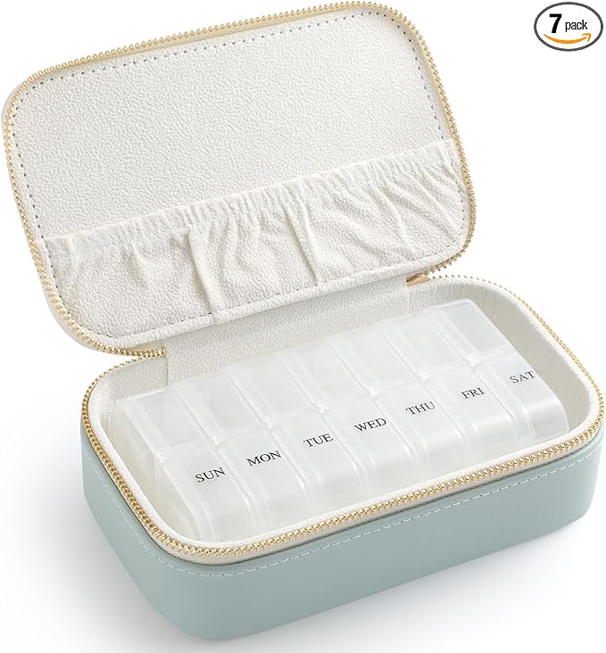 Genuine Leather Travel Pill Organizer Box Case 2 Times a Day for Purse for Women, Cute Medicine Pill Holder Containers for Vitamin Medium Weekly Daily 7 Day Am Pm Pill Organizer(Cyan)