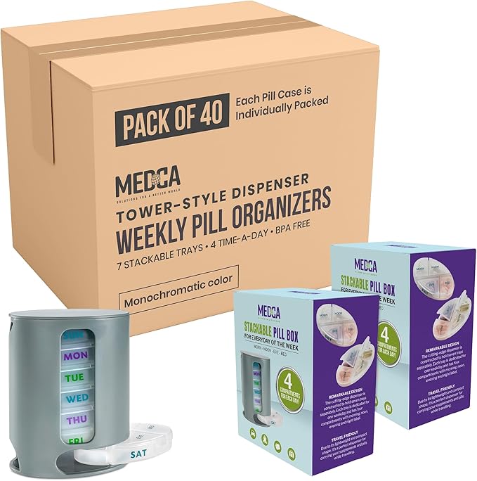 MEDca Weekly Pill Organizer, 1 Dispenser, 7 Stackable Compartments Four Times-a-Day - Morning, Noon, Evening, and Bedtime, Grey (Case of 40)