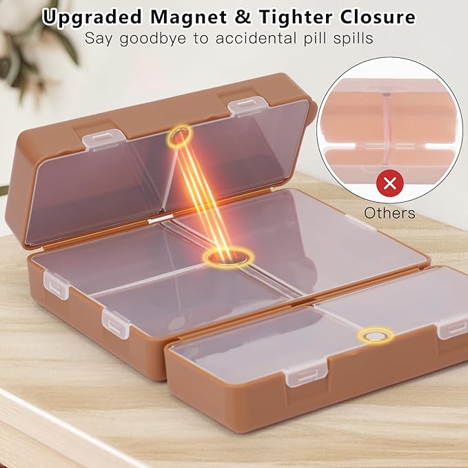 FYY 2 Pcs Daily Pill Organizer, 7 Compartments Portable Pill Case Travel Pill Organizer,[Folding Design] Pill Box for Purse Pocket to Hold Vitamins,Cod Liver Oil,Supplements and Medication-Brown