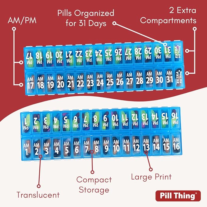 Twice-a-Day Monthly Pill Box Planner Set - AM & PM Medication Organizer for 31 Days! Set Contains 2 Organizers for One Month. (Blue - 31 Day AM/PM -1 Pack)