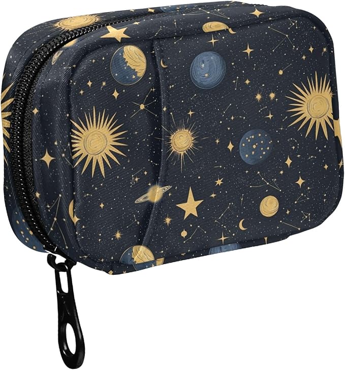 Fustylead Cosmic Space Background with Sun Moon Star Planet Travel Pill Case Bag with Zipper Weekly Pill Box 8 Compartments 7 Day Personal Pill Case Purse Medicine Case Organizer