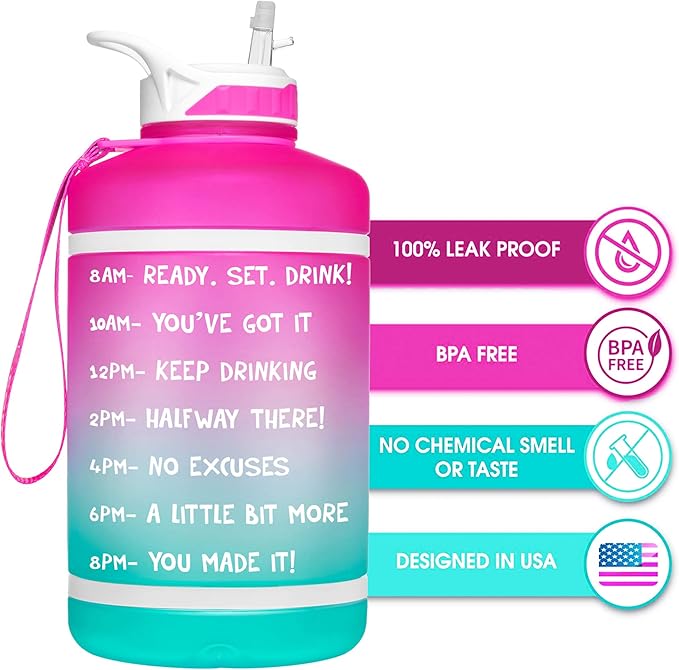 NatureWorks HydroMATE Half Gallon Water Bottle with Time Markers BPA Free Reusable Leak Proof Jug with Straw and Handle 64 oz