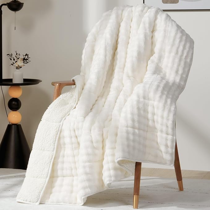 Cottonblue Weighted Blanket 12lbs Bubble Fleece Plush Sherpa Heavy Weighted Blankets for Adults, Fits Twin/Full Size Bed, Cute Fuzzy Warm Heavy Blanket for Calm and Better Sleep, 48"x72", Cream White