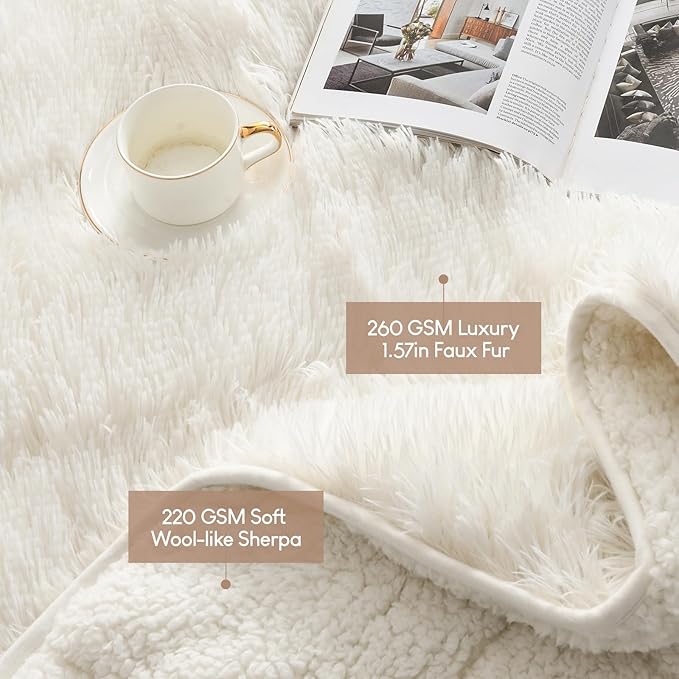 Cottonblue Weighted Blanket 15lbs, Sherpa Faux Fur Reversible Luxury Snugly Long Fur Warm Heavy Blanket 60x80 inches,Super Soft Fuzzy Fleece Blanket for Better Sleep, Cream White