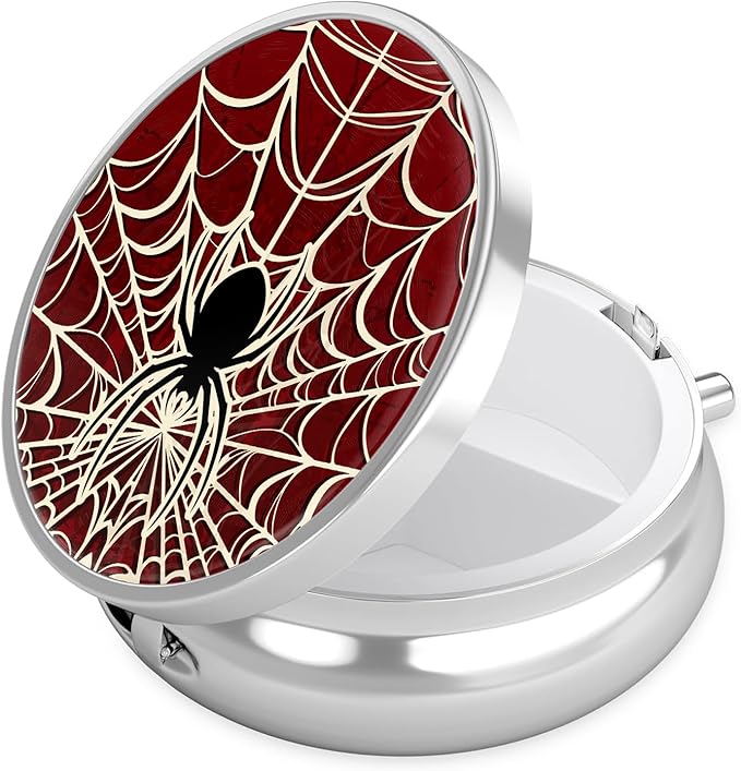 Red Spider Web Pill Case, Pill Box 3 Compartments Metal Small Pill Holder with Mirror Mini Travel Pill Container for Purse Pocket Women Men