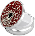 Red Spider Web Pill Case, Pill Box 3 Compartments Metal Small Pill Holder with Mirror Mini Travel Pill Container for Purse Pocket Women Men