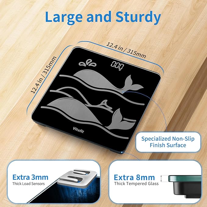 Vitafit Amazing 600lb Smart Bathroom Scale for Body Weight in 0.1lb, High Accuracy Assured by Scale Professional Factory Since 2001, Large Platform with 8mm Non-Slip Tempered Glass, LED, 3*AAA, Black