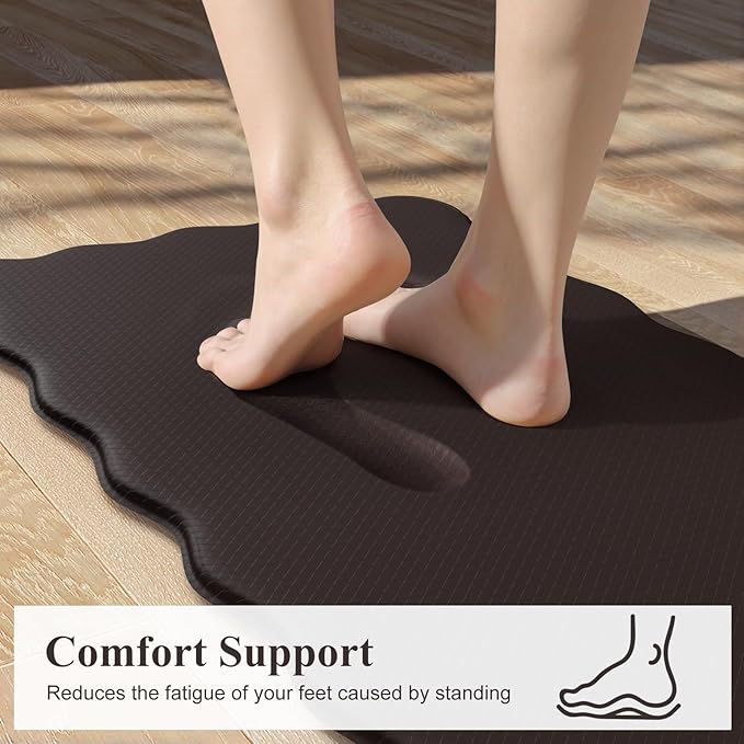KIMODE Anti Fatigue Kitchen Mats for Kitchen Floor,Scalloped Kitchen Rugs Sets of 2 Non Slip,Cushioned Padded Memory Foam Kitchen Floor Mat Carpet for Office Laundry Sink,Brown