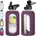 64 oz Glass Water Bottle With Straw and Handle, Half Gallon Sports Motivational Water Jug Flask with Silicone Sleeve, Large Water Cup with Time Marker for Travel, Gym, Dark Purple