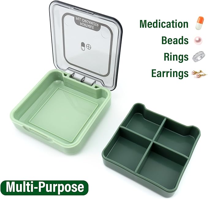 Quacc Small Pill Box, Portable Travel Case Daily Pill Organizer with 4 Large Compartmensts for Medication, Vitamin, Supplement - Green