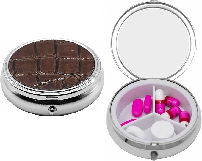 Stephanie Imports Personal Pill Organizers, Set of 2 Circular Triple-Compartment Pill Box & Organizer with Insert (Brown Faux Leather)