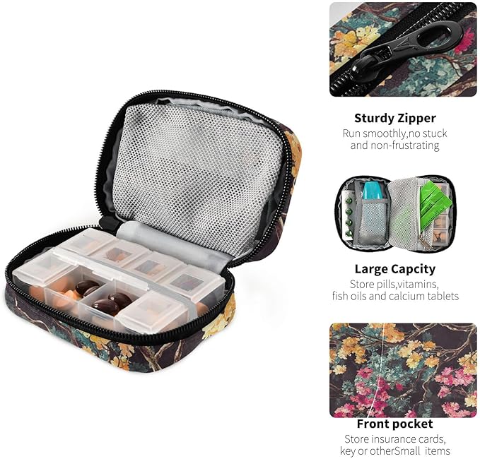Multicolored Blossom Trees Travel Pill Organizer Case Box Container Weekly Portable Vitamin Medicine Holder Storage Bag with Zipper Removable