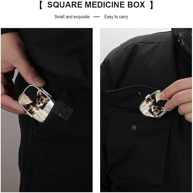 Cute Chihuahua Square Pill Box Travel Portable Pill Case 2 Compartment Medicine Metal Tablet Vitamin Holder Organizer for Purse Pocket
