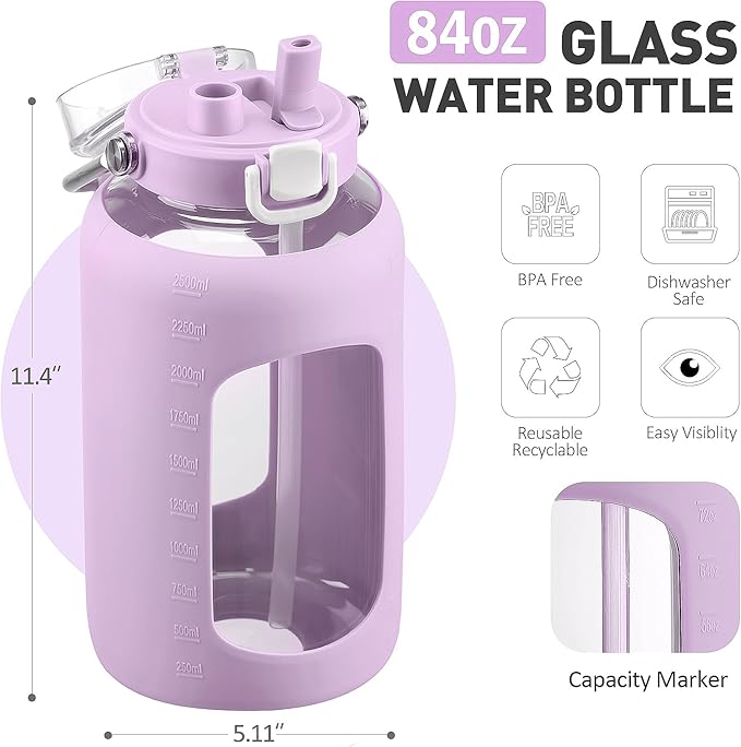 84oz Glass Water Bottle with Stainless Steel Handle,2.5L Gallon Water Bottle with 2-IN-1 Straw Lid, Silicone Sleeve and Motivational Capacity Marker, Wide Mouth Water Jug For Gym, Purple