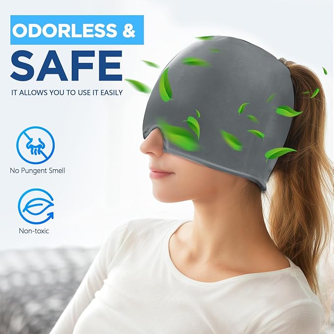 Migraine Relief Cap, Headache Relief Hat for Migraine Cap, Hot and Cold Therapy, Headache Eyes Mask for Stress Relief, Ice Pack Head Wrap for Sinus, Puffy Eyes, Tension, Grey