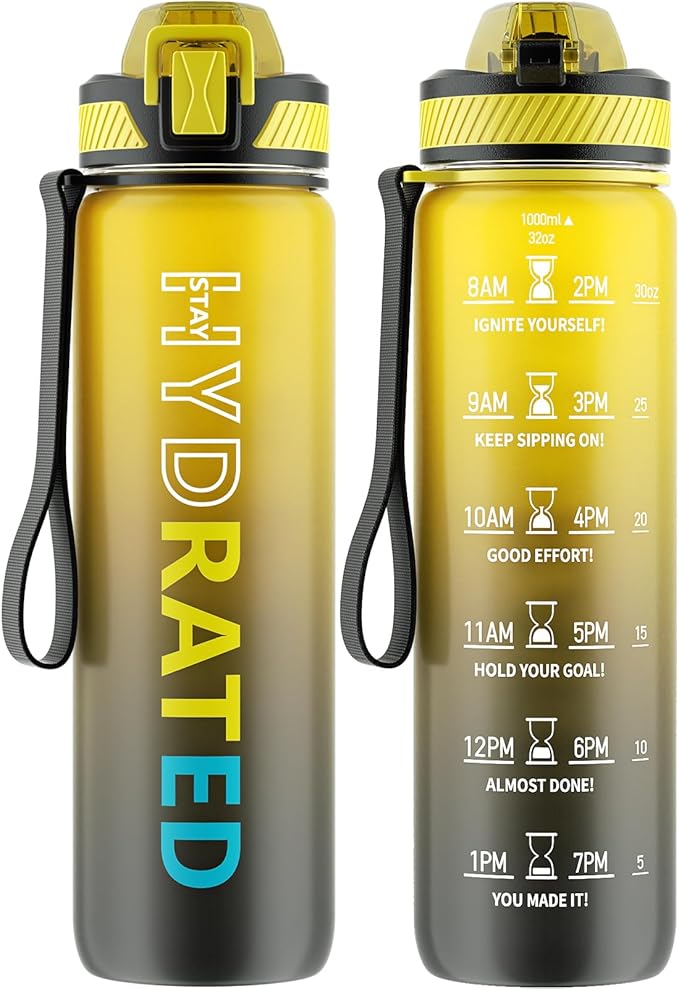 Water Bottle with Straw, 32oz Motivational Water Bottles with Time Marker to Drink, Tritan BPA Free, 1L Sports Water Bottle with Carry Strap LeakProof for Women Gym Fitness Outdoor (1 Pack)