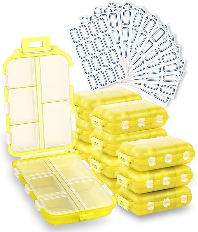 INVODA 12PCS 10-Compartment Pill Organizer BPA-Free Travel Pill Case with Daily Labels Portable Medicine Box for Vitamins, Supplements & Jewelry