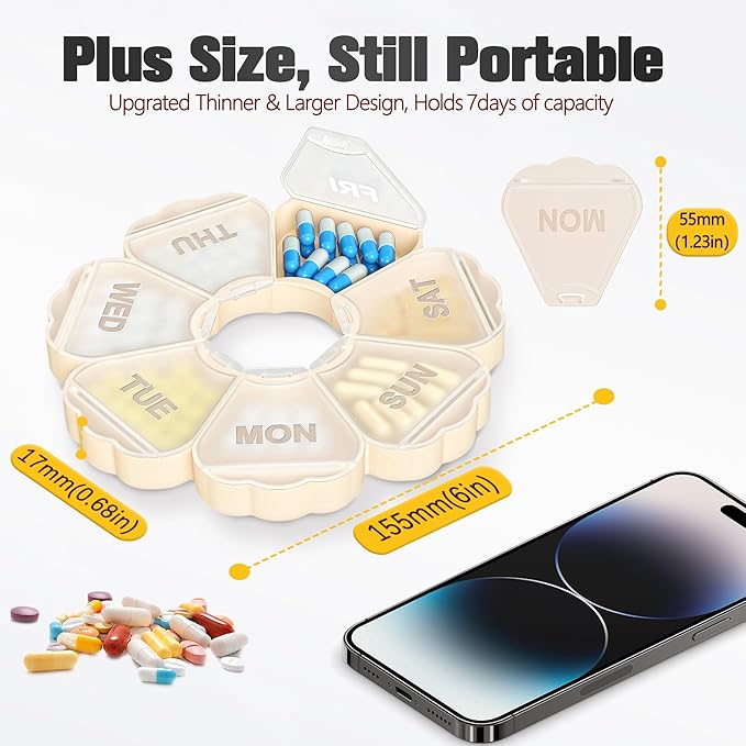 Enlarged Weekly Pill Organizer 7 Day, Daily Pill Box with Never Faded Etched 3D Date Labels, Travel Pill Case with Large Compartment for Medication, Vitamin, Fish Oil, Supplements-Beige