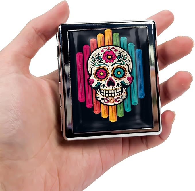 Metal Pill Organizer Box with Mirror – 8 Compartment Chrome Pill Case, Pocket-Size Travel Pill Container for Vitamins, Seniors, Daily Use (Sugar Skull on Rainbow)