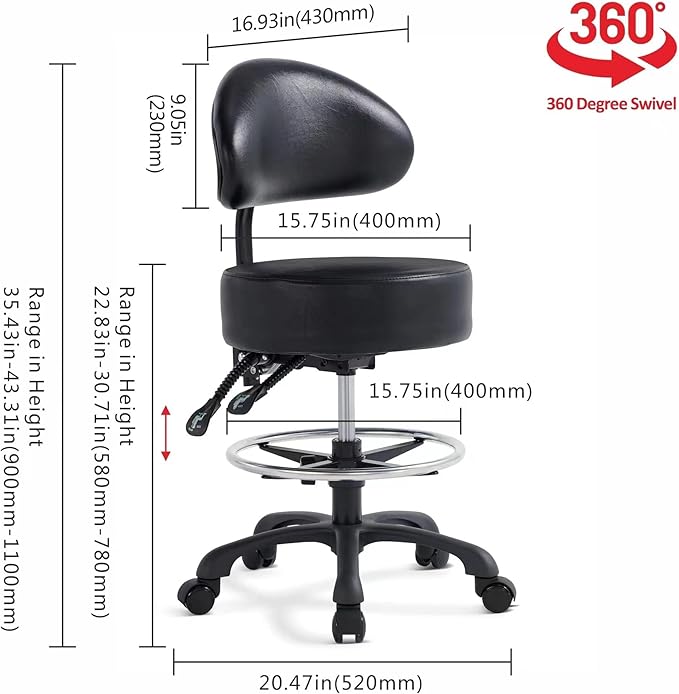 Swivel Rolling Stool Round Chair,Thick Sturdy Padding,Adjustable Stool with Wheels for Doctor,Medical,Massage Salon,Office,Shop(with New Back, White)