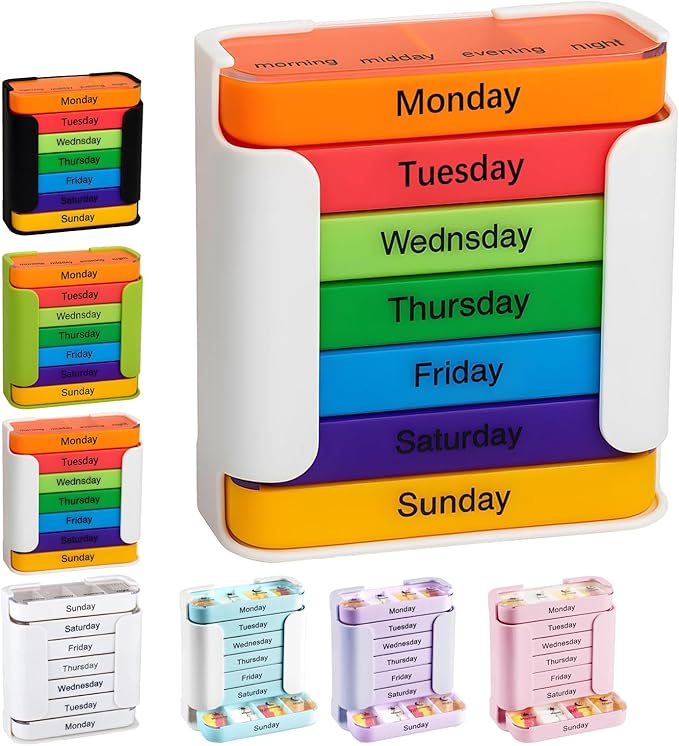 7-Day Weekly Medication Organizer - Stay on Track Medication Organizer with 7 Stackable Compartments, Four Times-a-Day (Morning, Noon, Evening, Bedtime) for Organized Pill Taking (Colorful)