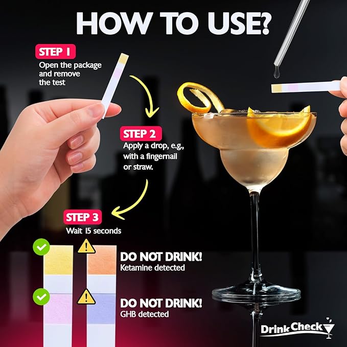 Drink Safety Test Strips, 20 Tests – Detect Harmful Substances in Seconds – Portable Personal Security Kit for Clubs and Parties – Compliant with California Law