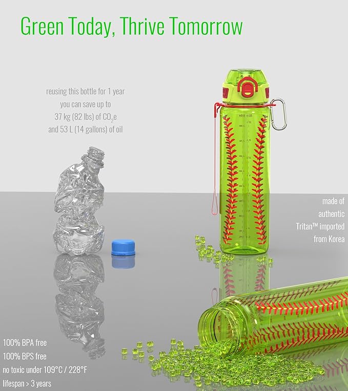 32oz/1L Sport Water Bottle, Light Tritan, Quick-Open Chug Lid/Straw 2-in-1, Leak-Proof, Dishwasher-Safe, BPA-Free, Drop-Resist & Scratch-Resist for Travel/Gym/Office/Fan Gift (Softball)
