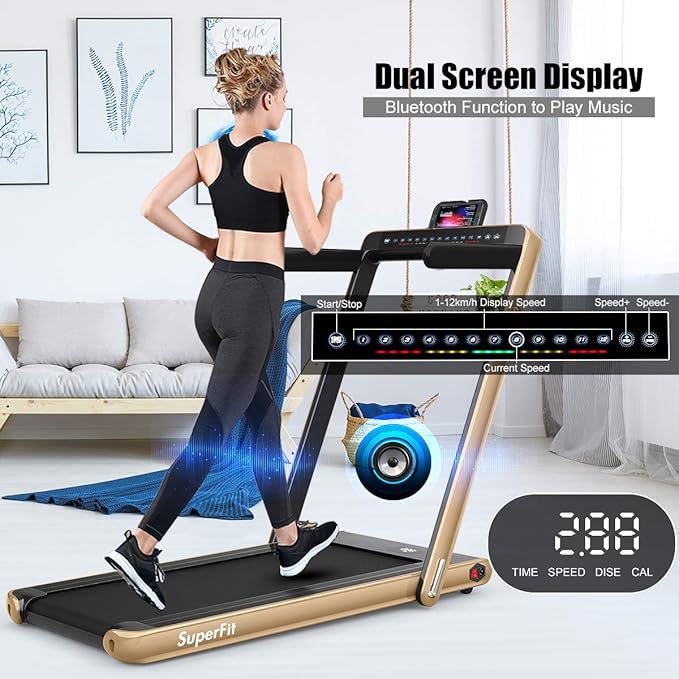 GYMAX Walking Pad, 2.25HP Dual Display Foldable Treadmill for Home with Remote/Smart App Control, Portable Compact Treadmill for Office Under Desk, Folding Running Machine for Small Spaces
