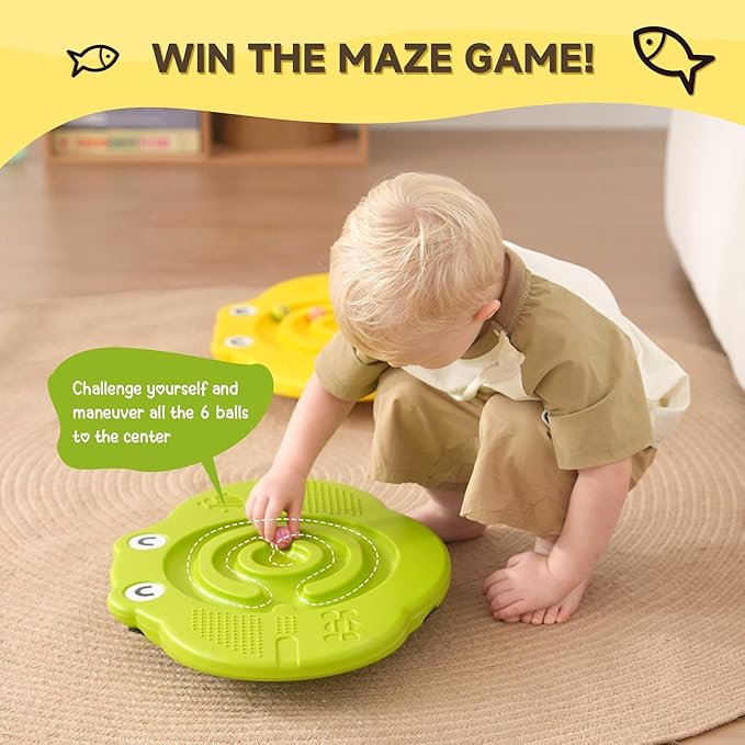 Wobble Balance Board for Kids – Yellow Frog Design with Maze Track & Balls | Dual-Sided Sensory Rocker Board | Non-Slip Tactile Surface | Supports Up to 200lbs | Perfect for Toddlers & Parent-Child Play
