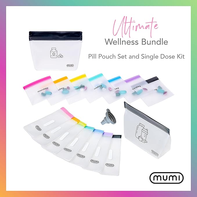 MUMI Ultimate Wellness Bundle - Pill Pouch Set and Single Dose Kit - 7pc Mini Pill Bags with 1 Large Zipper Pouch and 7pc Powder Supplement Packets with 1 Large Zipper Pouch