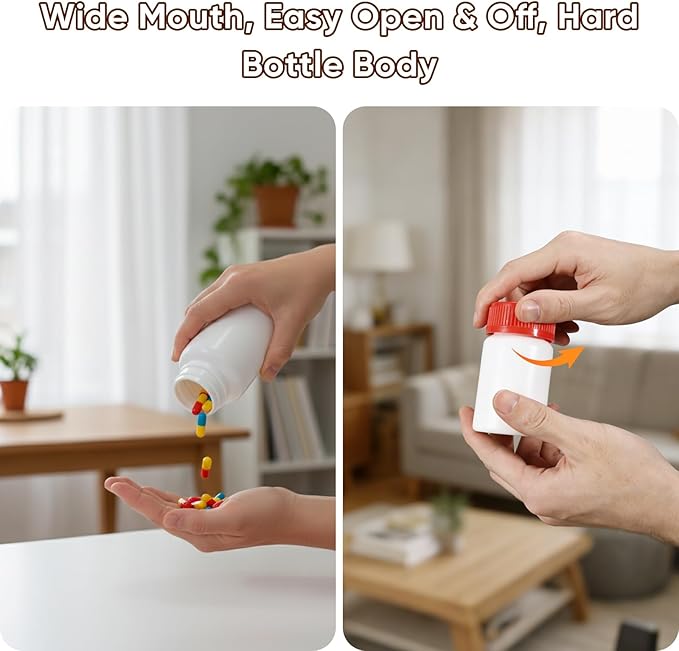 DEMORA Pill Bottle Empty with Child Resistant Cap, Wide Mouth Travel Small Pill Bottle Plastic Medicine Containiers Medicine Organizers for Medications Capsules (3.4 oz, 8 Pcs)