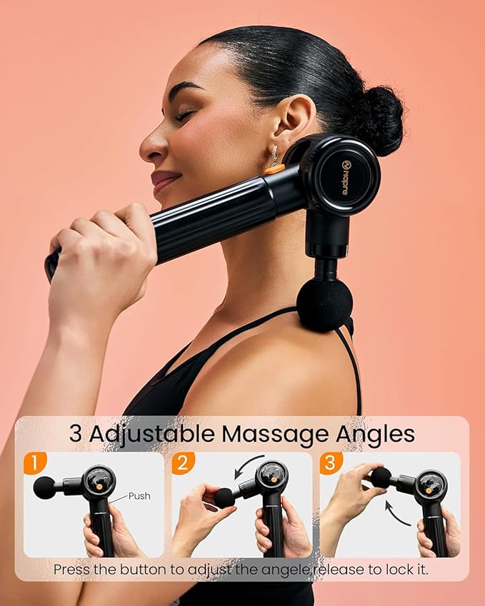 NAPRE Handheld Back Massager,Deep Tissue Neck Massager for Shoulders/Waist/Legs/Body Pain Relief,Cordless Percussion Muscle Massage Gun with Extension Handle & 3 Adjustable Angles,6 Heads,Black
