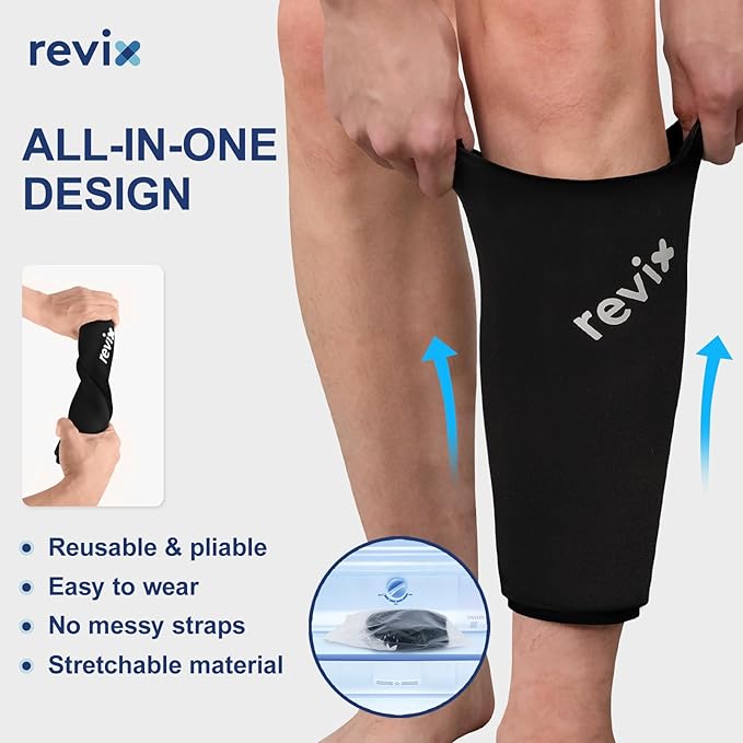 REVIX XL Shin Splints Ice Sleeve, Calf Ice Packs for Injuries Reusable, Knee, Arm & Elbow, Lower Leg Compression Sleeve Cold Pack Relieves Bone Damage and Running Recovery, 360° Coverage