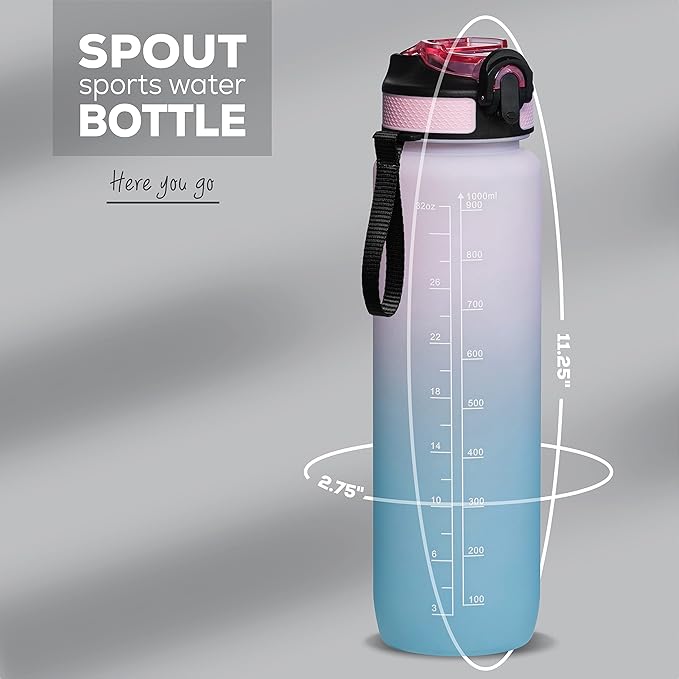 Motivational Water Bottle with Time Marker, 32 oz Water Bottle, Sports Water Bottle with Spout, Achieve All-Day Hydration SpillProof, BPA FREE