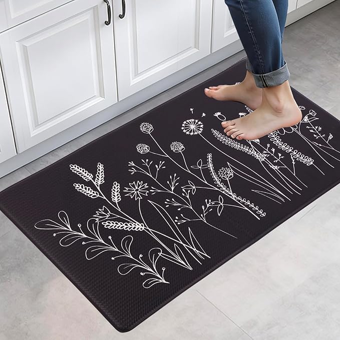 Mirok Washable Anti Fatigue Mat for Cushioned Floor Mats,Floral Plants Non-Skid Ergonomic Comfort Foam Rugs,Non Slip Kitchen Rug(Flowers/Grass,17"x29")