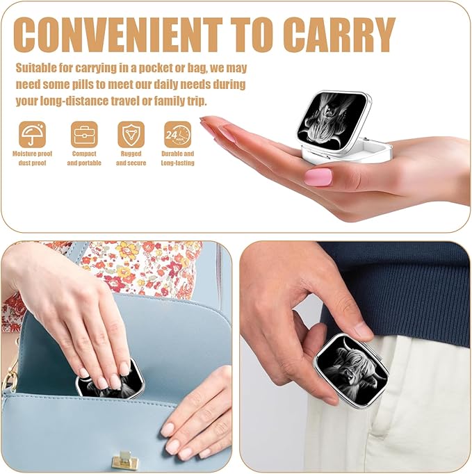 Pill Box-2 Compartment Small Pill Case Square Organizer Case with Mirror Portable Metal Medicine Box Travel Container for Pocket & Purse Women Men(Black Highland Cow)